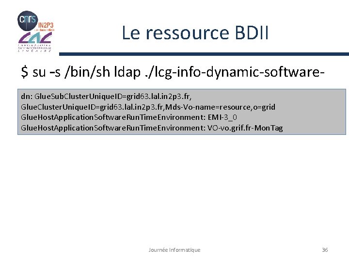Le ressource BDII $ su –s /bin/sh ldap. /lcg-info-dynamic-softwaredn: Glue. Sub. Cluster. Unique. ID=grid