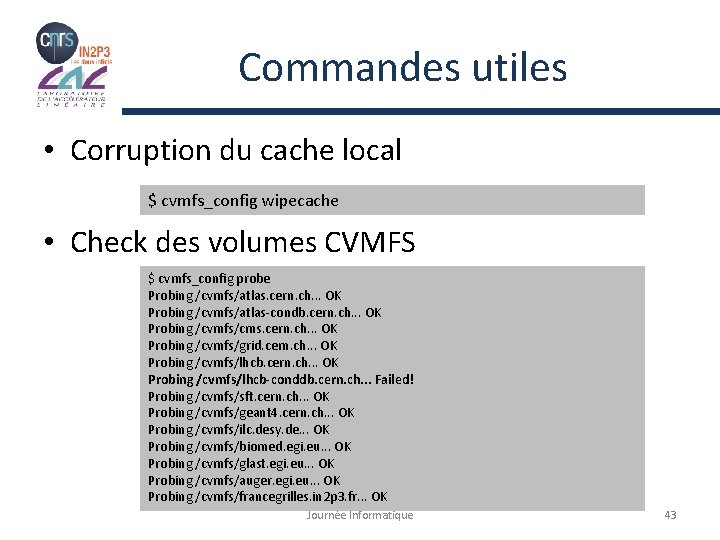 Commandes utiles • Corruption du cache local $ cvmfs_config wipecache • Check des volumes