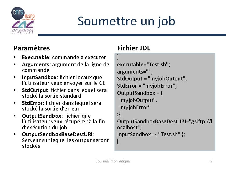 Soumettre un job Paramètres • • Fichier JDL Executable: commande a exécuter Arguments: argument