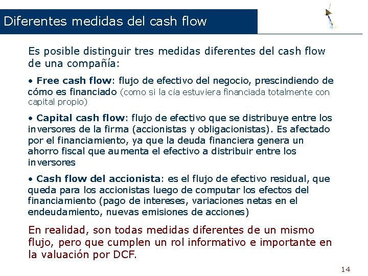 Diferentes medidas del cash flow Es posible distinguir tres medidas diferentes del cash flow