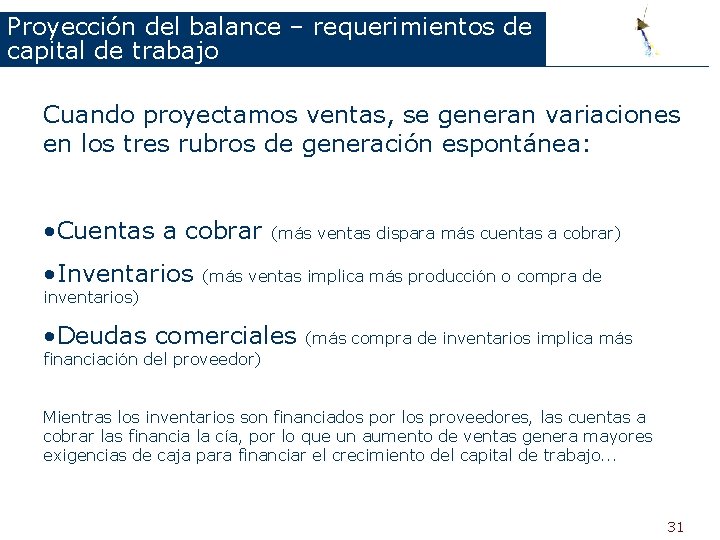 Proyección del balance – requerimientos de capital de trabajo Cuando proyectamos ventas, se generan