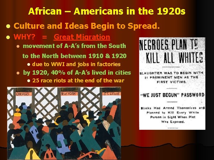 African – Americans in the 1920 s l Culture and Ideas Begin to Spread. African – Americans in the 1920 s l Culture and Ideas Begin to Spread.