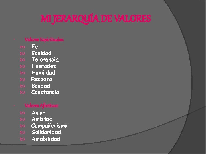 MI JERARQUÍA DE VALORES Valores Espirituales: Fe Equidad Tolerancia Honradez Humildad Respeto Bondad Constancia MI JERARQUÍA DE VALORES Valores Espirituales: Fe Equidad Tolerancia Honradez Humildad Respeto Bondad Constancia