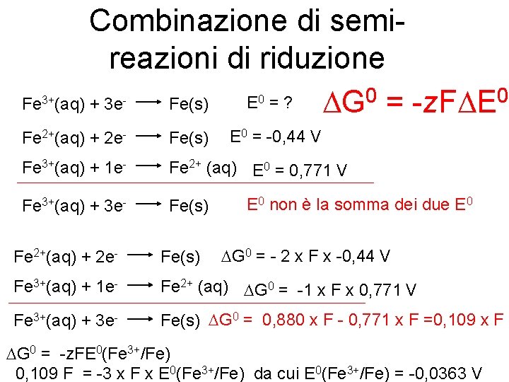 Fe 3+ Combinazione di semireazioni di riduzione E =? (aq) + 3 e Fe(s)