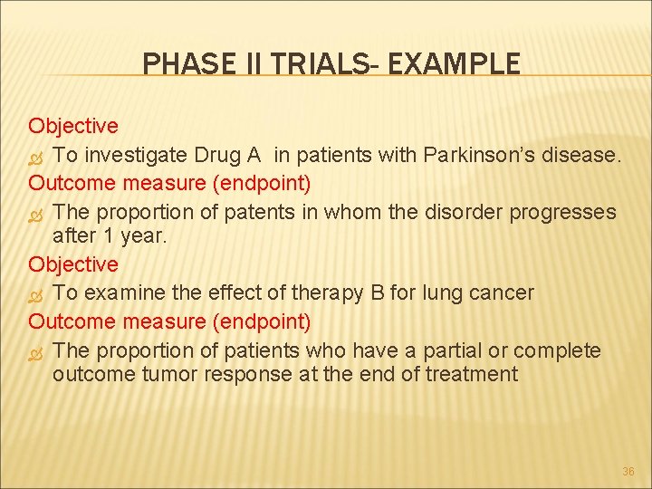 PHASE II TRIALS- EXAMPLE Objective To investigate Drug A in patients with Parkinson’s disease.