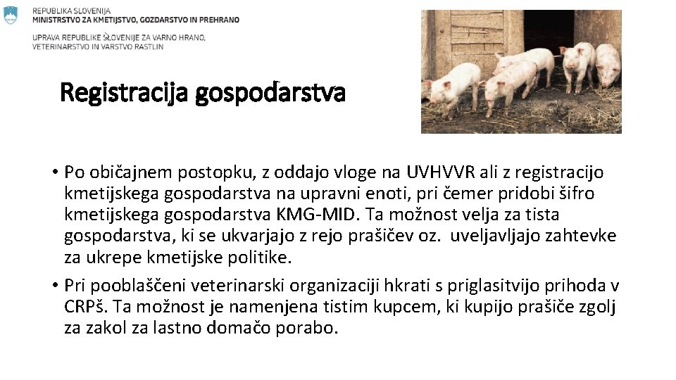 Registracija gospodarstva • Po običajnem postopku, z oddajo vloge na UVHVVR ali z registracijo