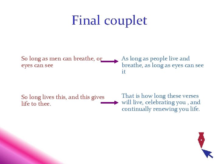 Final couplet So long as men can breathe, or eyes can see As long