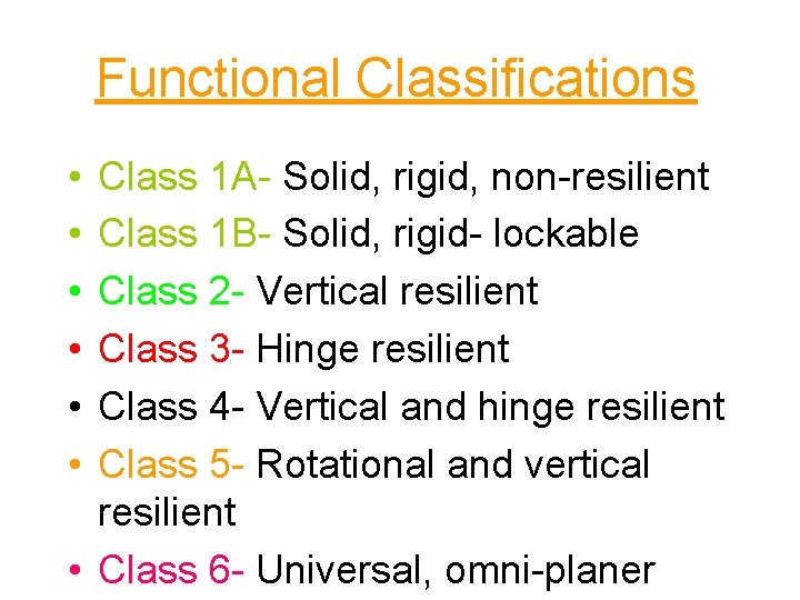 Functional Classifications • • • Class 1 A- Solid, rigid, non-resilient Class 1 B-