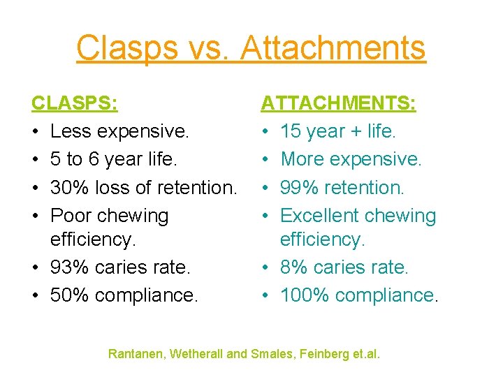 Clasps vs. Attachments CLASPS: • Less expensive. • 5 to 6 year life. •
