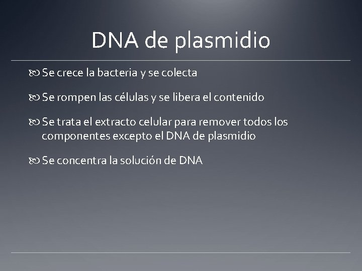 DNA de plasmidio Se crece la bacteria y se colecta Se rompen las células