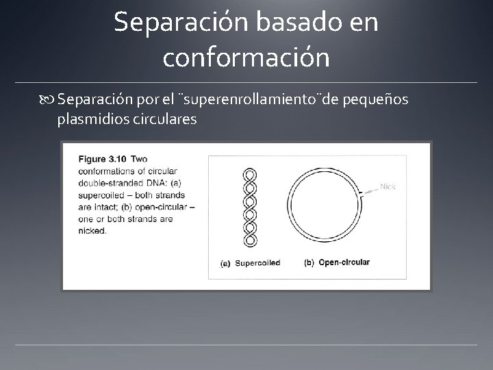 Separación basado en conformación Separación por el ¨superenrollamiento¨de pequeños plasmidios circulares 