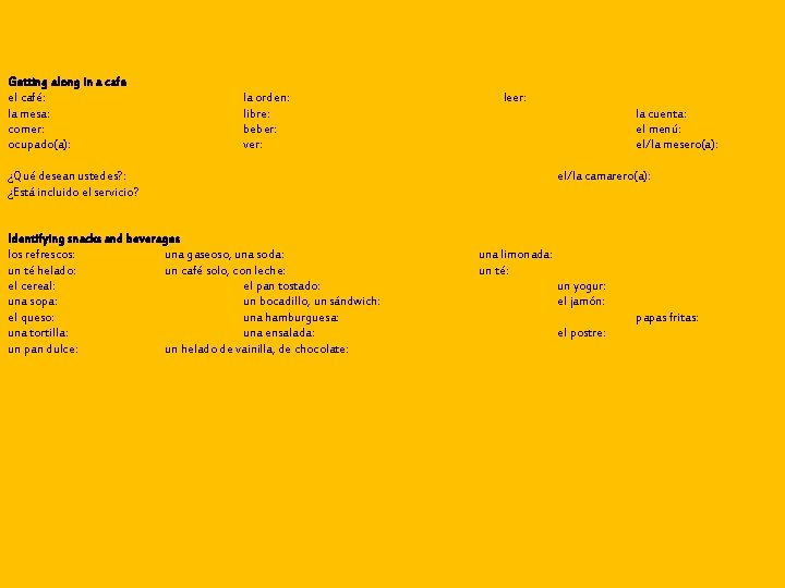 Getting along in a cafe el café: la mesa: comer: ocupado(a): la orden: libre: