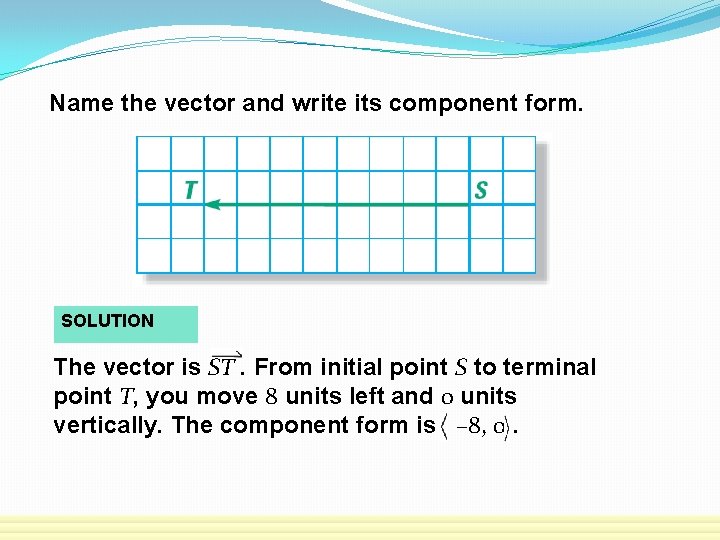 Name the vector and write its component form. SOLUTION The vector is ST. From