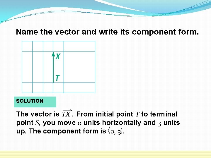 Name the vector and write its component form. SOLUTION The vector is TX. From