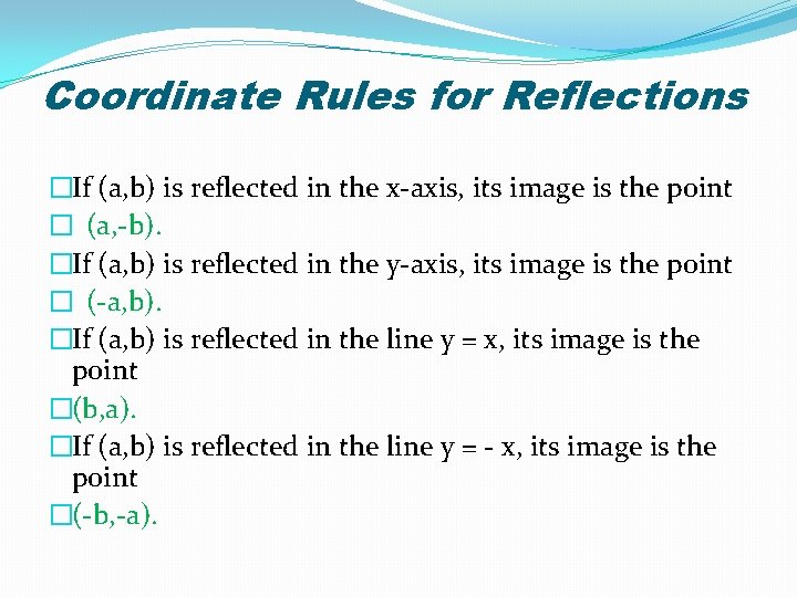 Coordinate Rules for Reflections �If (a, b) is reflected in the x-axis, its image