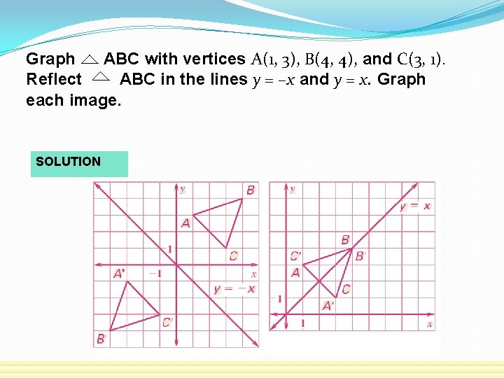 Graph ABC with vertices A(1, 3), B(4, 4), and C(3, 1). Reflect ABC in