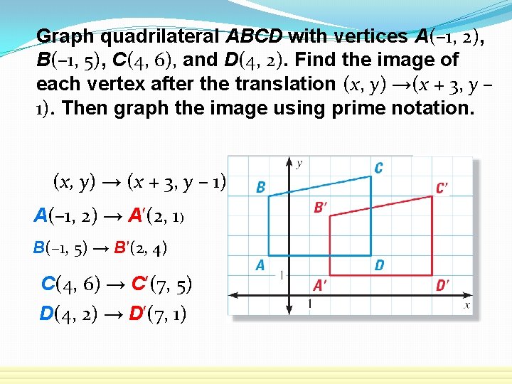 Graph quadrilateral ABCD with vertices A(– 1, 2), B(– 1, 5), C(4, 6), and