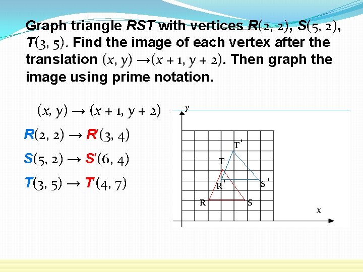 Graph triangle RST with vertices R(2, 2), S(5, 2), T(3, 5). Find the image