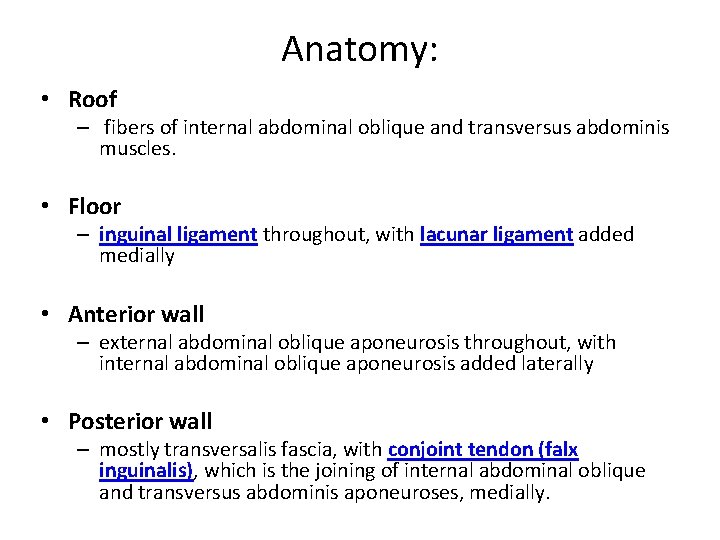 Anatomy: • Roof – fibers of internal abdominal oblique and transversus abdominis muscles. •