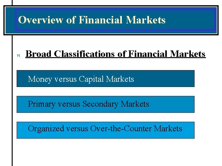 Overview of Financial Markets n Broad Classifications of Financial Markets Money versus Capital Markets