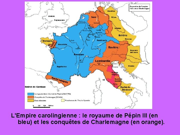 L'Empire carolingienne : le royaume de Pépin III (en bleu) et les conquêtes de