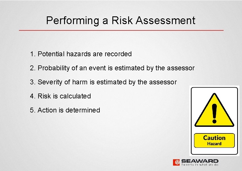 Performing a Risk Assessment 1. Potential hazards are recorded 2. Probability of an event