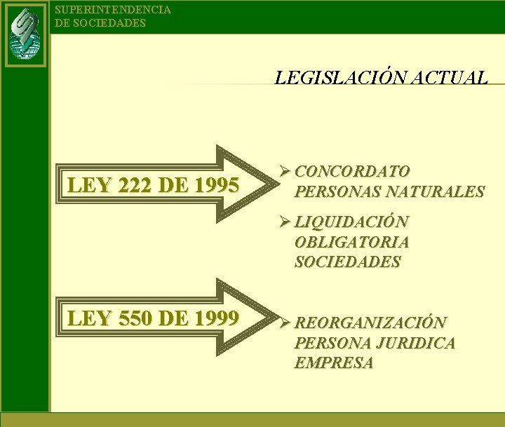 SUPERINTENDENCIA DE SOCIEDADES LEGISLACIÓN ACTUAL LEY 222 DE 1995 Ø CONCORDATO PERSONAS NATURALES Ø