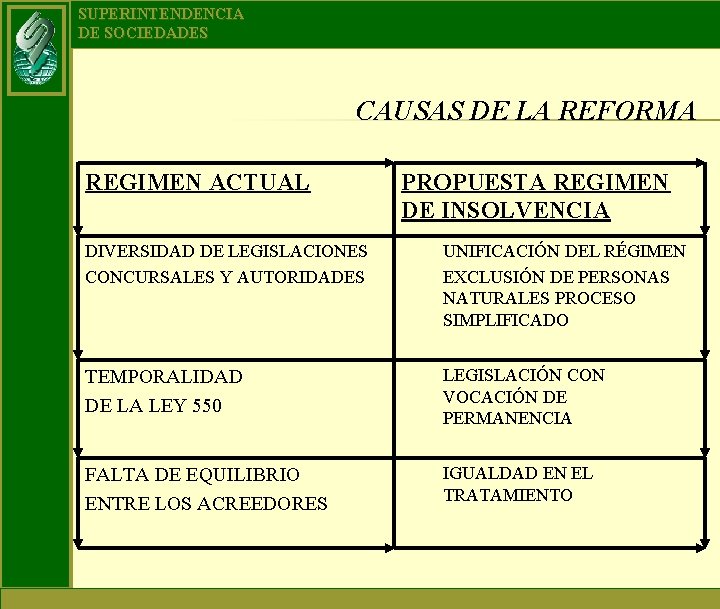 SUPERINTENDENCIA DE SOCIEDADES CAUSAS DE LA REFORMA REGIMEN ACTUAL PROPUESTA REGIMEN DE INSOLVENCIA DIVERSIDAD