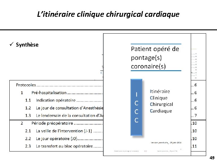 L’itinéraire clinique chirurgical cardiaque ü Synthèse ü Représente le parcours patient ü Chronologique ü