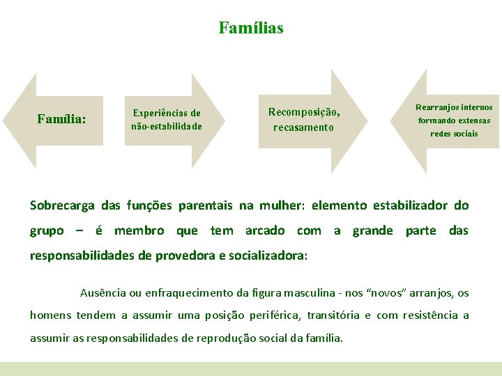 Famílias Família: Experiências de não-estabilidade Recomposição, recasamento Rearranjos internos formando extensas redes sociais Sobrecarga