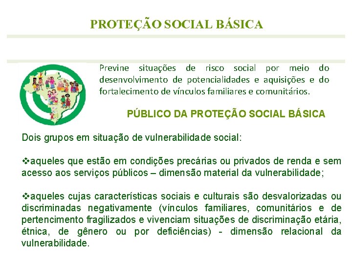 PROTEÇÃO SOCIAL BÁSICA Previne situações de risco social por meio do desenvolvimento de potencialidades