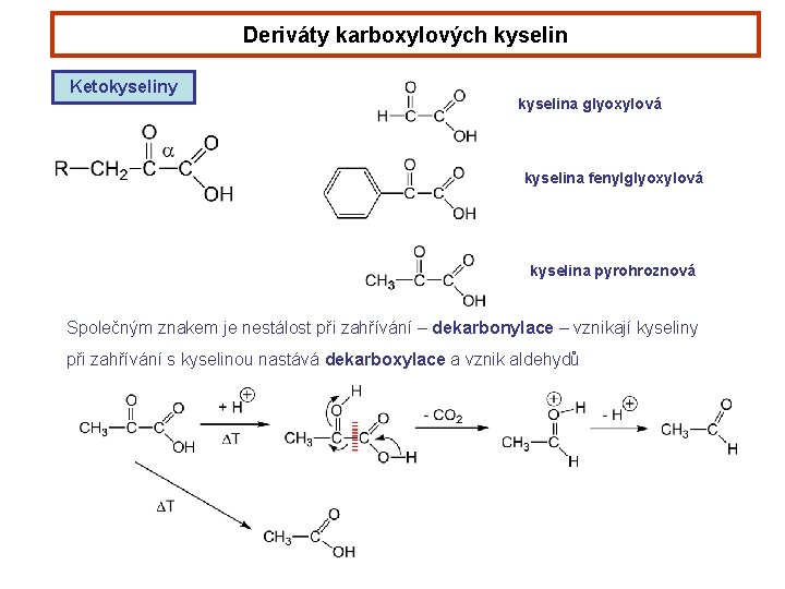 Deriváty karboxylových kyselin Ketokyseliny kyselina glyoxylová kyselina fenylglyoxylová kyselina pyrohroznová Společným znakem je nestálost