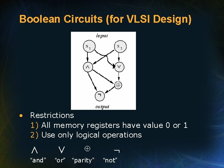 Boolean Circuits (for VLSI Design) • Restrictions 1) All memory registers have value 0