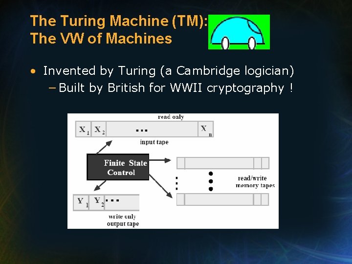 The Turing Machine (TM): The VW of Machines • Invented by Turing (a Cambridge