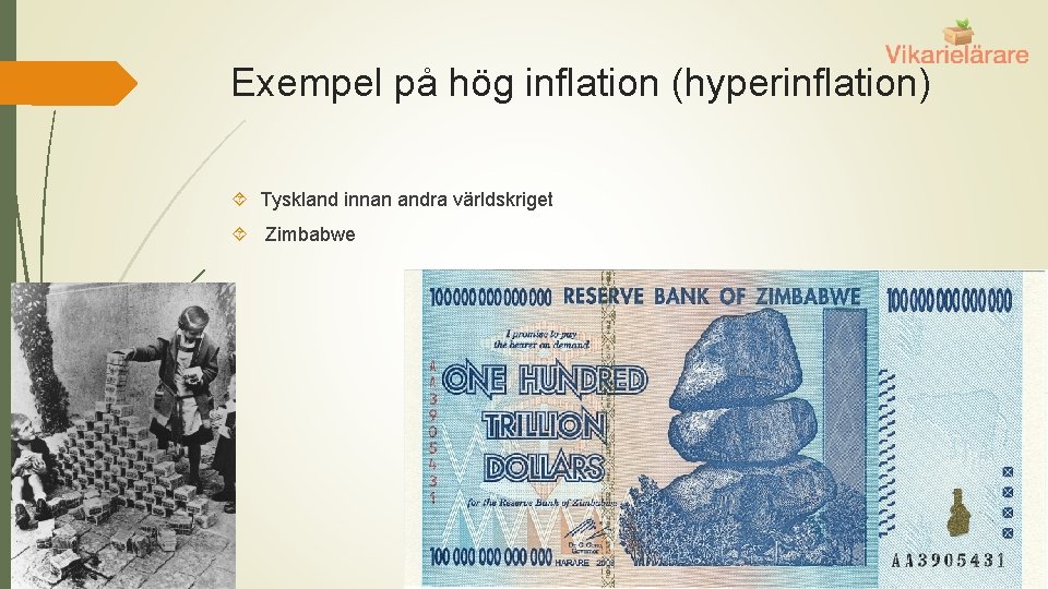 Exempel på hög inflation (hyperinflation) Tyskland innan andra världskriget Zimbabwe 