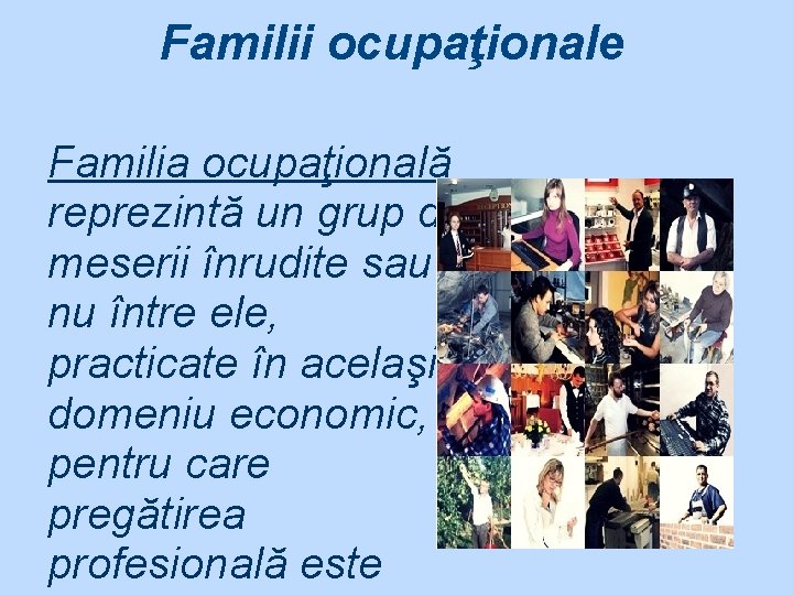 Familii ocupaţionale Familia ocupaţională reprezintă un grup de meserii înrudite sau nu între ele,