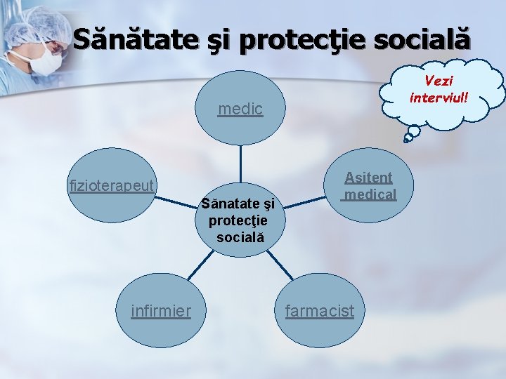 Sănătate şi protecţie socială Vezi interviul! medic fizioterapeut Sănatate şi protecţie socială infirmier Asitent