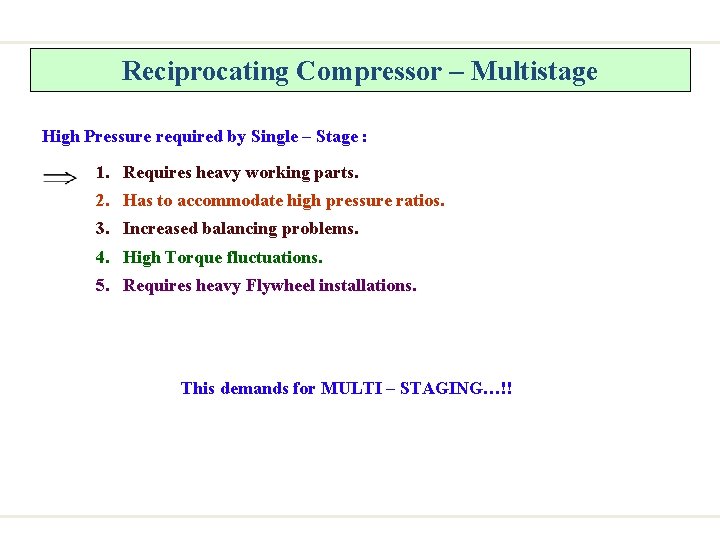 Reciprocating Compressor – Multistage High Pressure required by Single – Stage : 1. Requires