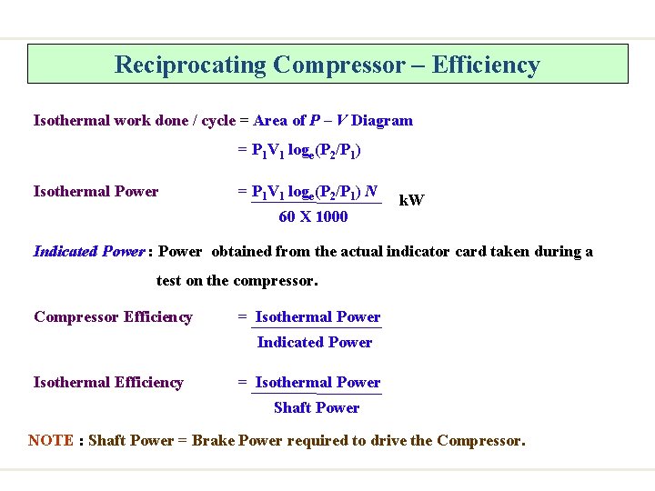 Reciprocating Compressor – Efficiency Isothermal work done / cycle = Area of P –