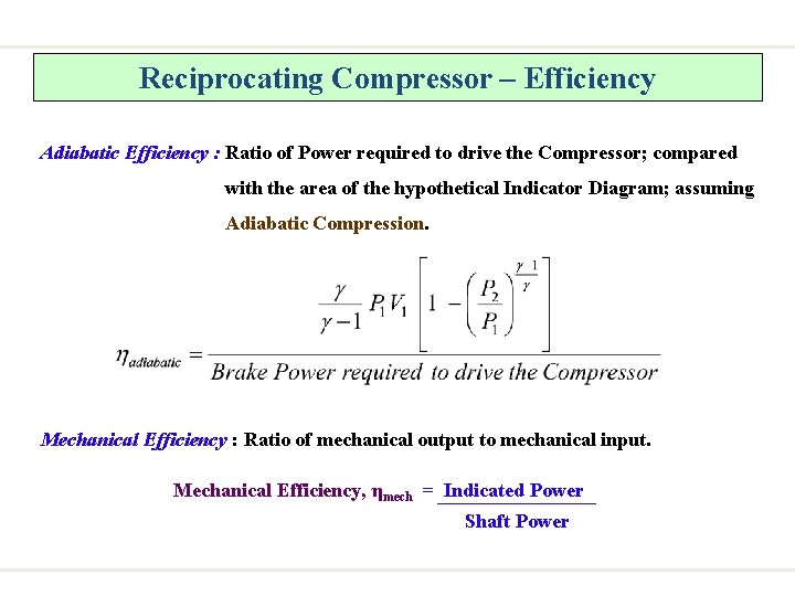 Reciprocating Compressor – Efficiency Adiabatic Efficiency : Ratio of Power required to drive the