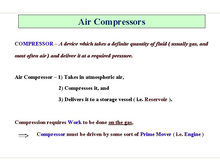 Air Compressors COMPRESSOR – A device which takes a definite quantity of fluid (