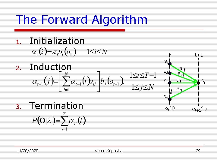 The Forward Algorithm 1. Initialization t+1 t 2. s 1 Induction s 2 s