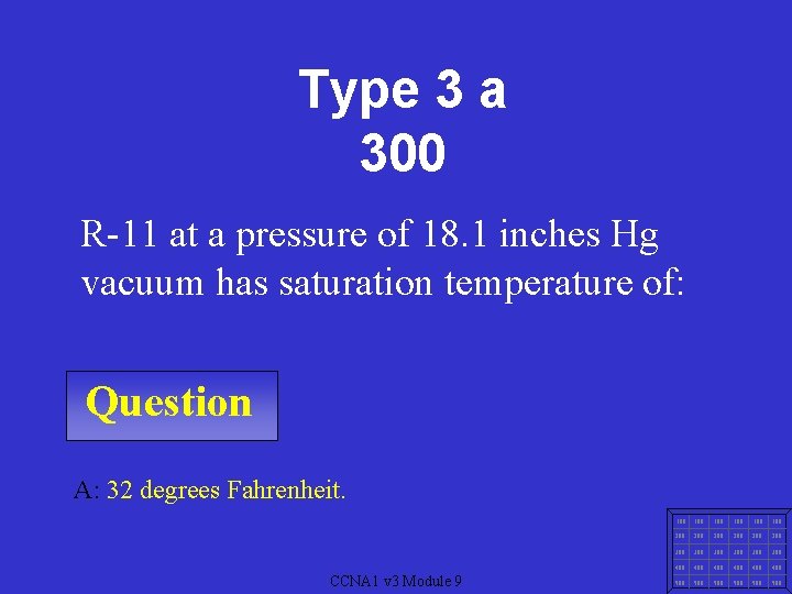 Type 3 a 300 R-11 at a pressure of 18. 1 inches Hg vacuum