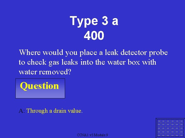 Type 3 a 400 Where would you place a leak detector probe to check