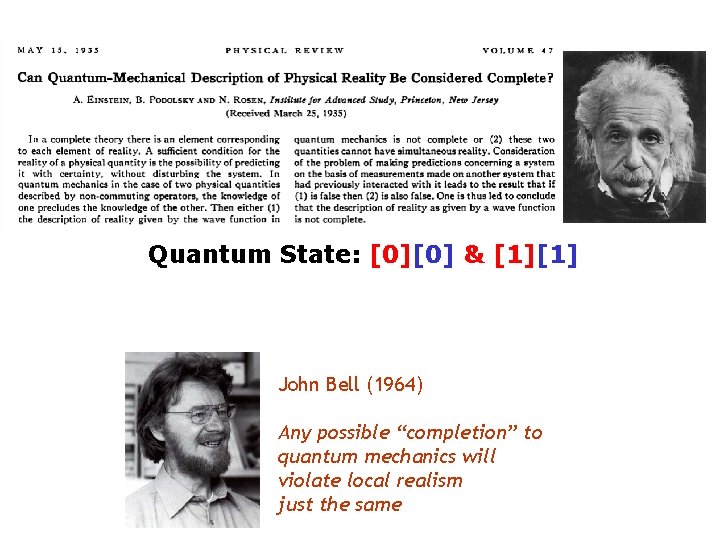 Quantum State: [0][0] & [1][1] John Bell (1964) Any possible “completion” to quantum mechanics