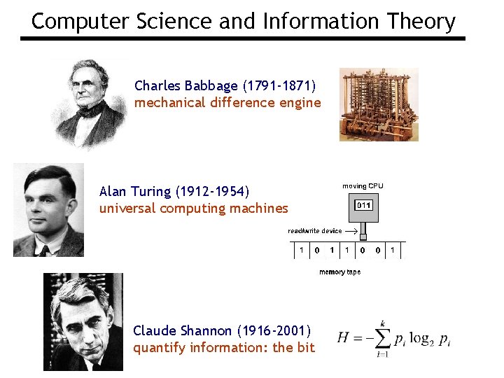 Computer Science and Information Theory Charles Babbage (1791 -1871) mechanical difference engine Alan Turing