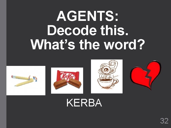 AGENTS: Decode this. What’s the word? KERBA 32 