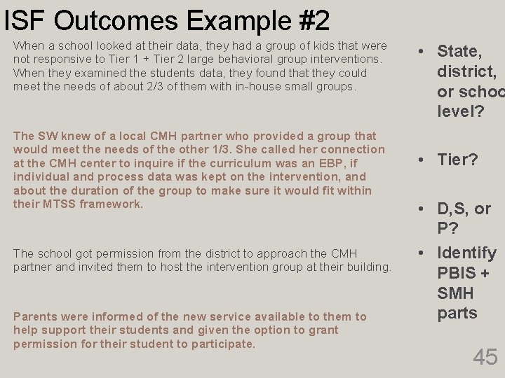 ISF Outcomes Example #2 When a school looked at their data, they had a