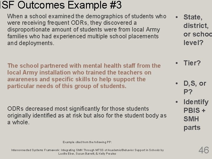 ISF Outcomes Example #3 When a school examined the demographics of students who were