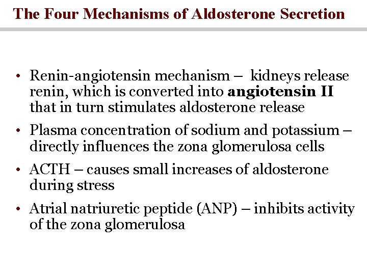 The Four Mechanisms of Aldosterone Secretion • Renin-angiotensin mechanism – kidneys release renin, which